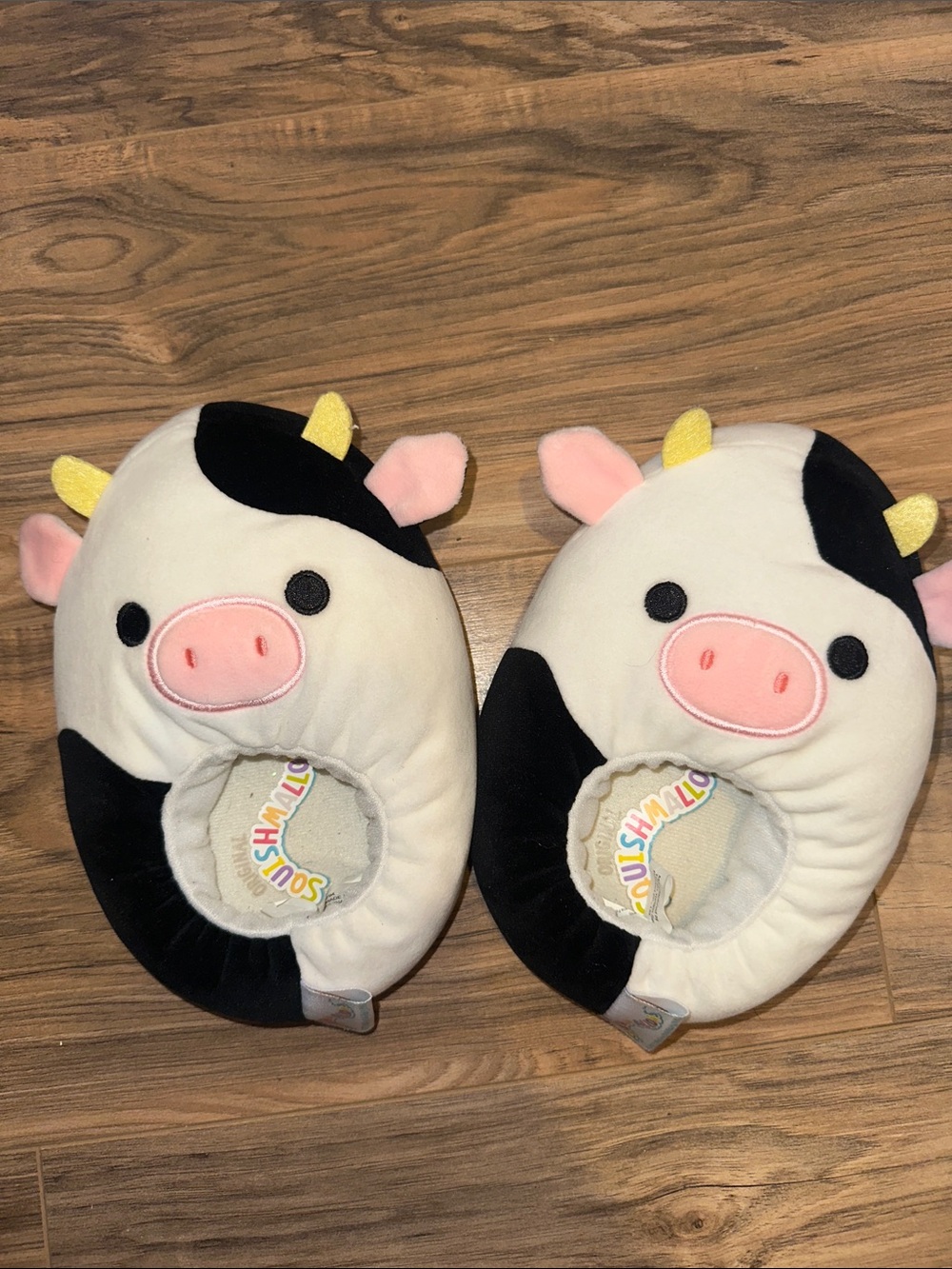 Squishmallows Black White Pink Cow Kids Slippers